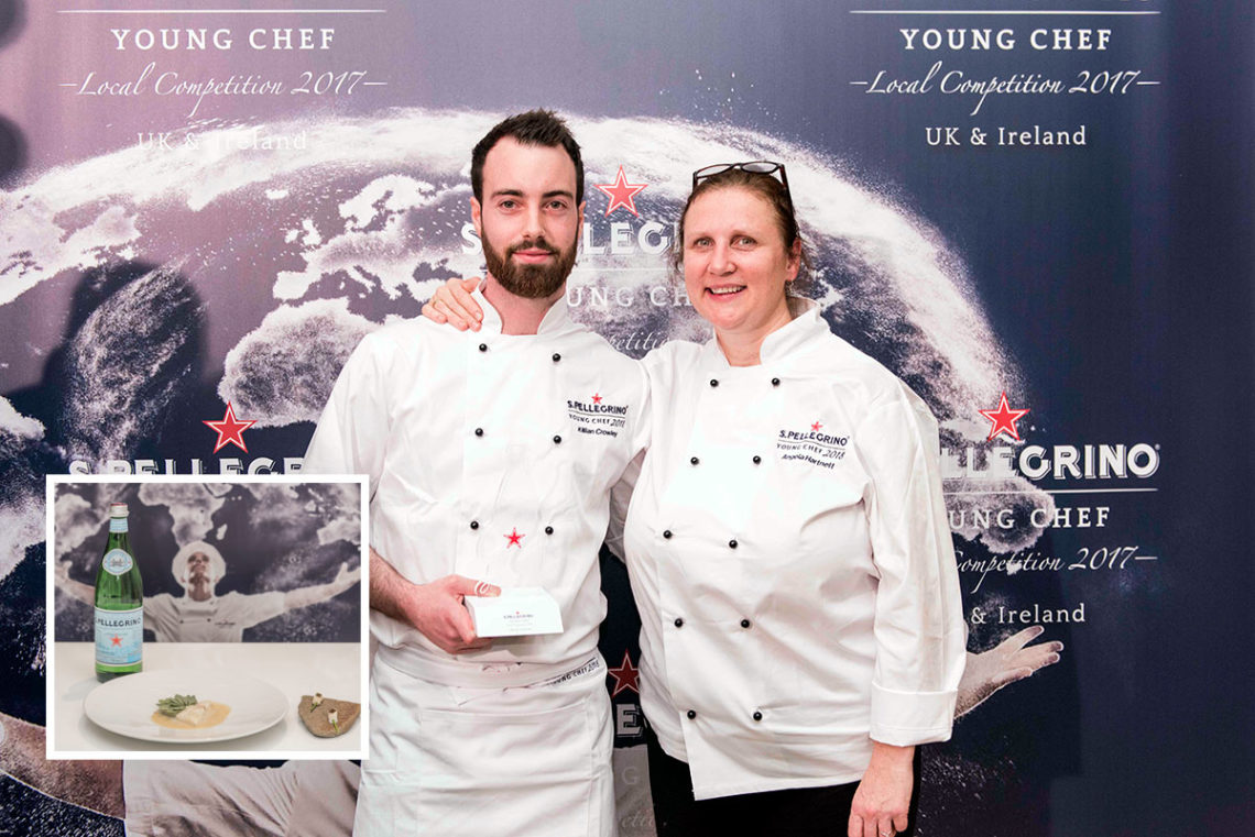 Killian Crowley pictured with mentor Angela Hartnett receiving his UK & Ireland award and (inset) the dish prepared for the semi final. Photo: Simone Lezzi