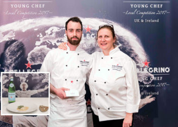 Killian Crowley pictured with mentor Angela Hartnett receiving his UK & Ireland award and (inset) the dish prepared for the semi final. Photo: Simone Lezzi