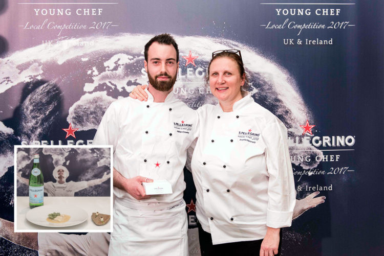 Killian Crowley pictured with mentor Angela Hartnett receiving his UK & Ireland award and (inset) the dish prepared for the semi final. Photo: Simone Lezzi