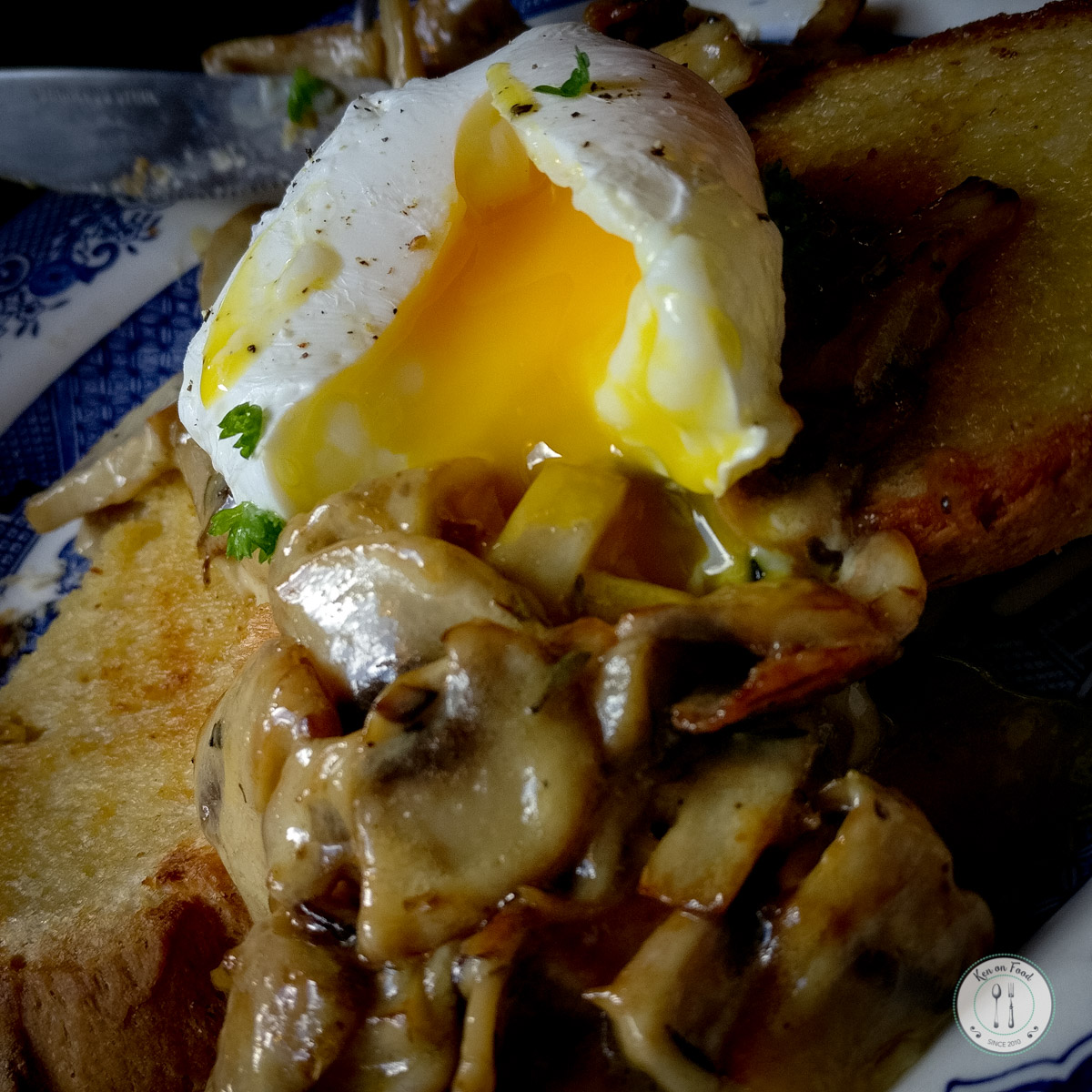 Mushrooms with cream, a poached egg on Keogh's rustic turnover.