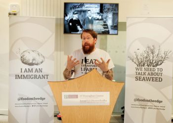 JP McMahon speaking at the programme launch of Food On The Edge 2018 and Culture Night 2018, outside the Donoghue Centre at NUIG. Photo: FoodontheEdge.ie