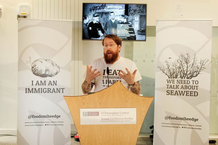 JP McMahon speaking at the programme launch of Food On The Edge 2018 and Culture Night 2018, outside the Donoghue Centre at NUIG. Photo: FoodontheEdge.ie