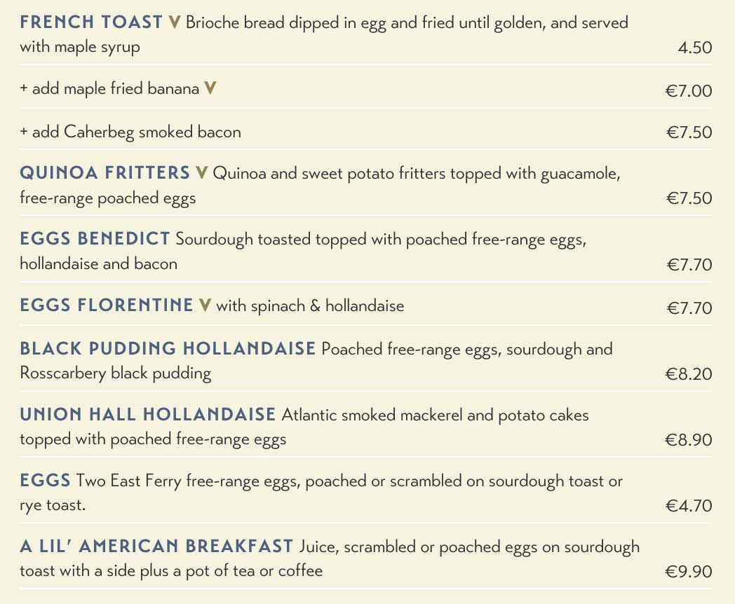 The breakfast/brunch menu at Liberty Grill.
