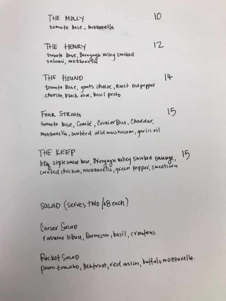 Barrows Keep pizza menu as of Saturday 18 April, 2020